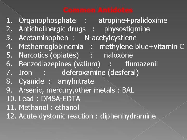 Common Antidotes 1. Organophosphate : atropine+pralidoxime 2. Anticholinergic drugs : physostigmine 3. Acetaminophen :