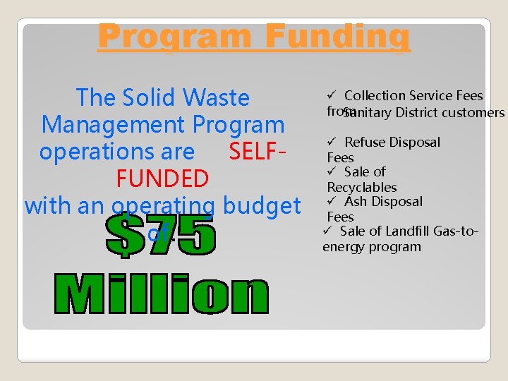 Program Funding The Solid Waste Management Program operations are SELFFUNDED with an operating budget
