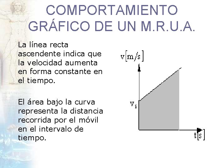 COMPORTAMIENTO GRÁFICO DE UN M. R. U. A. La línea recta ascendente indica que