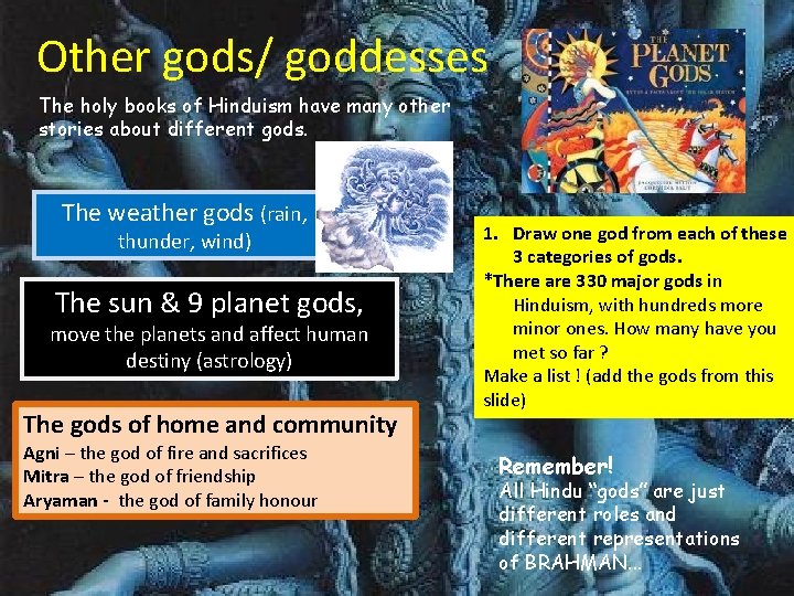 Other gods/ goddesses The holy books of Hinduism have many other stories about different