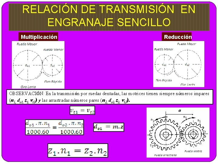 RELACIÓN DE TRANSMISIÓN EN ENGRANAJE SENCILLO Multiplicación Reducción OBSERVACIÓN: En la transmisión por ruedas
