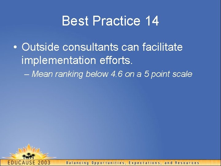 Best Practice 14 • Outside consultants can facilitate implementation efforts. – Mean ranking below