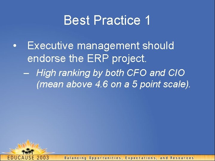 Best Practice 1 • Executive management should endorse the ERP project. – High ranking