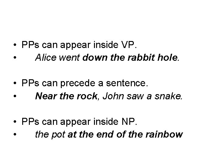  • PPs can appear inside VP. • Alice went down the rabbit hole.