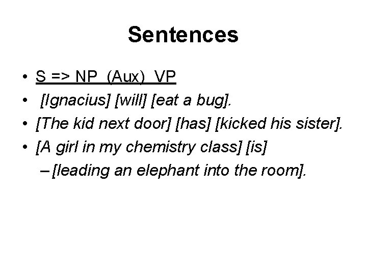 Sentences • • S => NP (Aux) VP [Ignacius] [will] [eat a bug]. [The