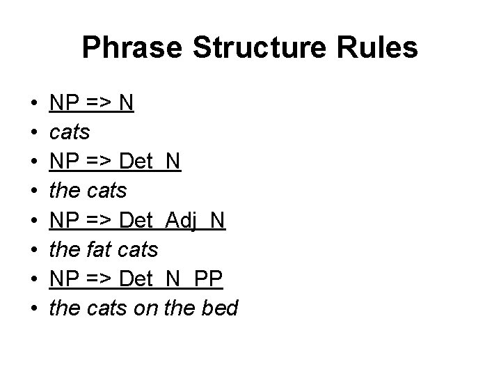 Phrase Structure Rules • • NP => N cats NP => Det N the