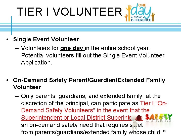 TIER I VOLUNTEER • Single Event Volunteer – Volunteers for one day in the