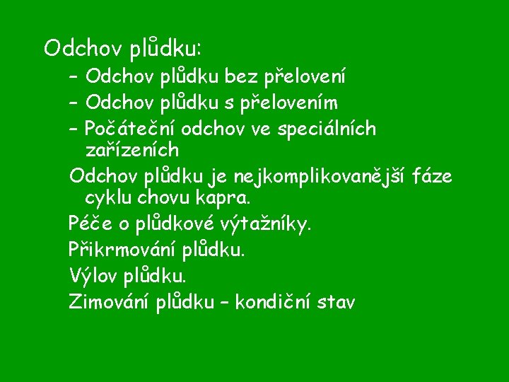 Odchov plůdku: – Odchov plůdku bez přelovení – Odchov plůdku s přelovením – Počáteční