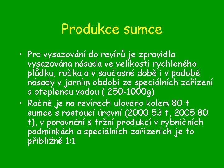 Produkce sumce • Pro vysazování do revírů je zpravidla vysazována násada ve velikosti rychleného