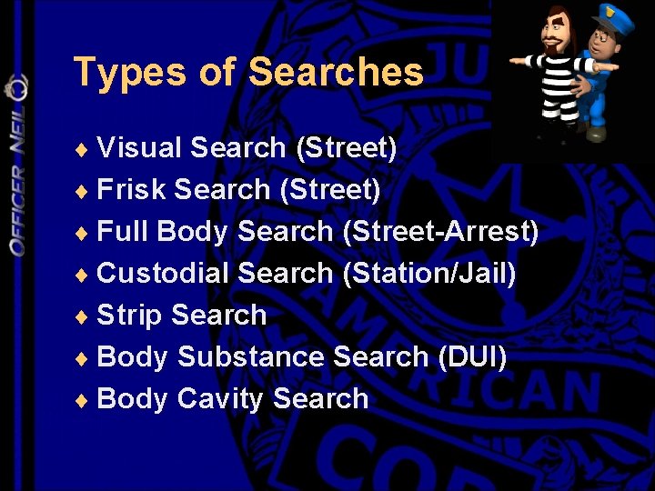 Types of Searches ¨ Visual Search (Street) ¨ Frisk Search (Street) ¨ Full Body