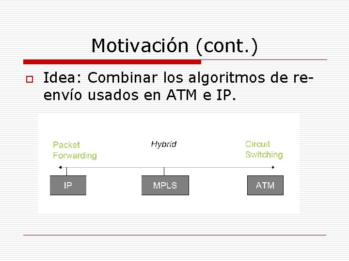 Motivación (cont. ) o Idea: Combinar los algoritmos de reenvío usados en ATM e