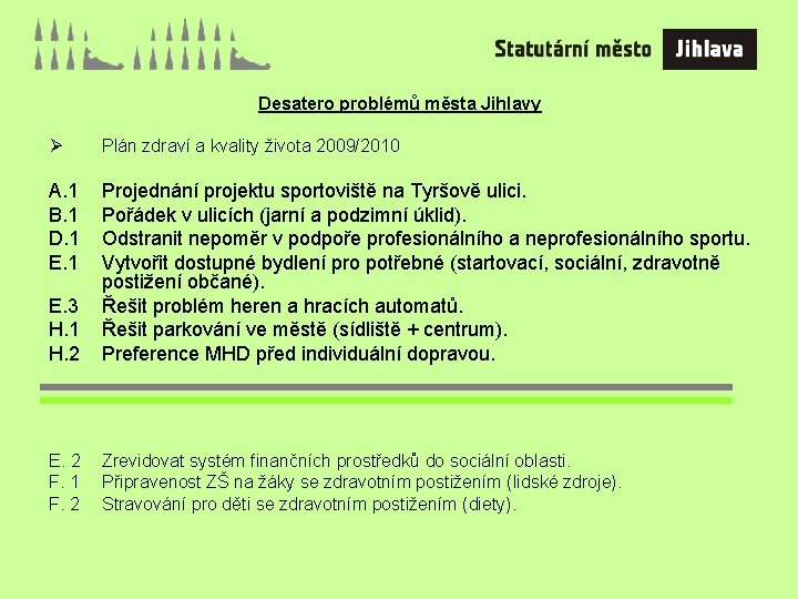 Desatero problémů města Jihlavy Ø Plán zdraví a kvality života 2009/2010 A. 1 B.