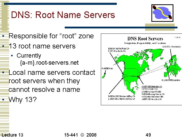 DNS: Root Name Servers • Responsible for “root” zone • 13 root name servers