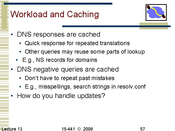 Workload and Caching • DNS responses are cached • Quick response for repeated translations