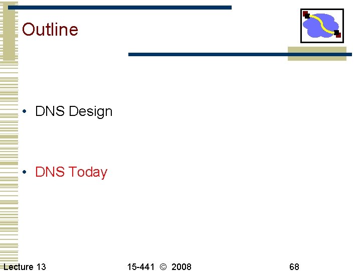 Outline • DNS Design • DNS Today Lecture 13 15 -441 © 2008 68