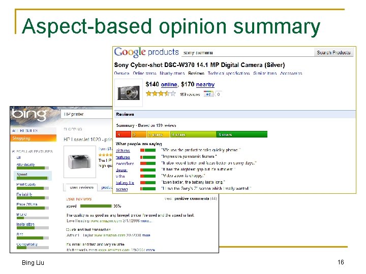 Aspect-based opinion summary Bing Liu 16 