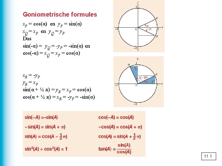 Goniometrische formules x. P = cos(α) en y. P = sin(α) x. Q =