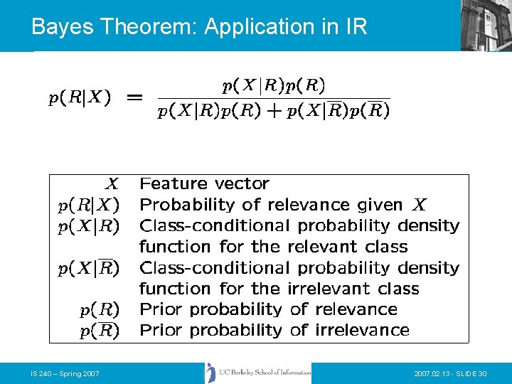 Bayes Theorem: Application in IR IS 240 – Spring 2007. 02. 13 - SLIDE