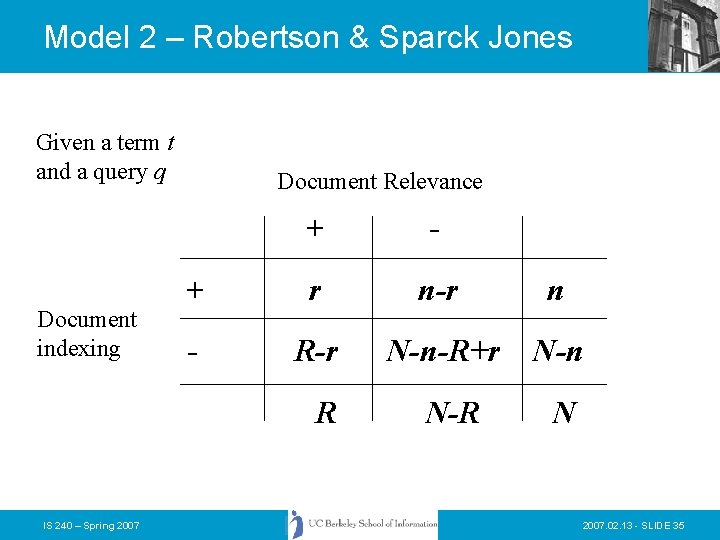 Model 2 – Robertson & Sparck Jones Given a term t and a query