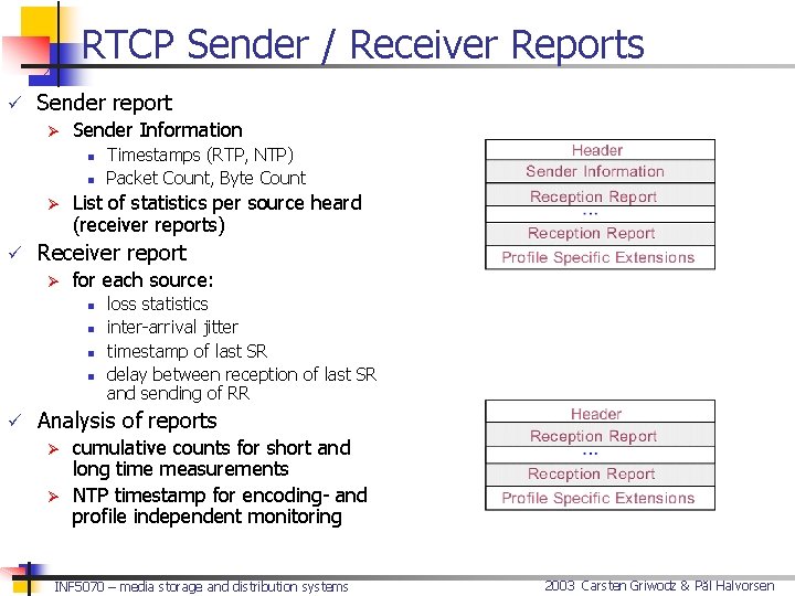RTCP Sender / Receiver Reports ü Sender report Ø Sender Information n n Ø