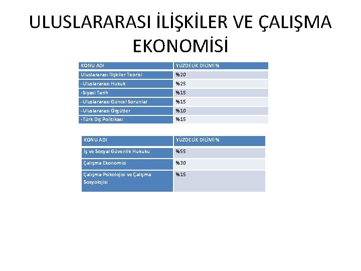 ULUSLARARASI İLİŞKİLER VE ÇALIŞMA EKONOMİSİ KONU ADI YÜZDELİK DİLİMİ % Uluslararası İlişkiler Teorisi %20