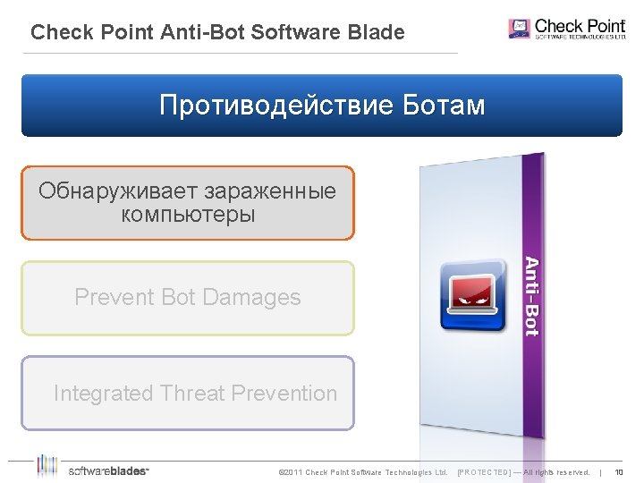 Check Point Anti-Bot Software Blade Противодействие Ботам Обнаруживает зараженные компьютеры Prevent Bot Damages Integrated