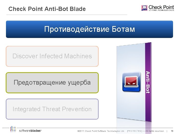 Check Point Anti-Bot Blade Противодействие Ботам Discover Infected Machines Предотвращение ущерба Integrated Threat Prevention