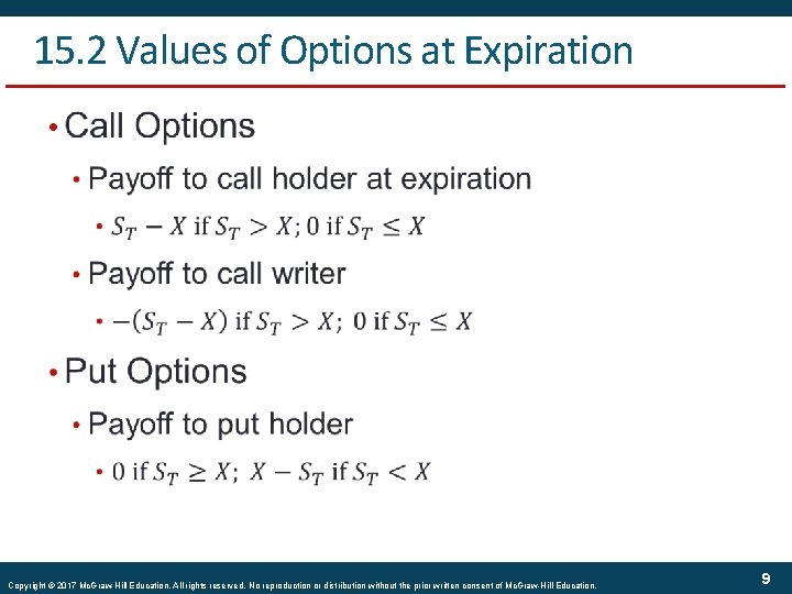 15. 2 Values of Options at Expiration • Copyright © 2017 Mc. Graw-Hill Education.