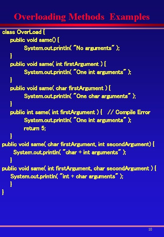 Overloading Methods Examples class Over. Load { public void same() { System. out. println(