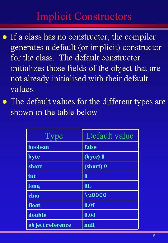 Implicit Constructors l l If a class has no constructor, the compiler generates a