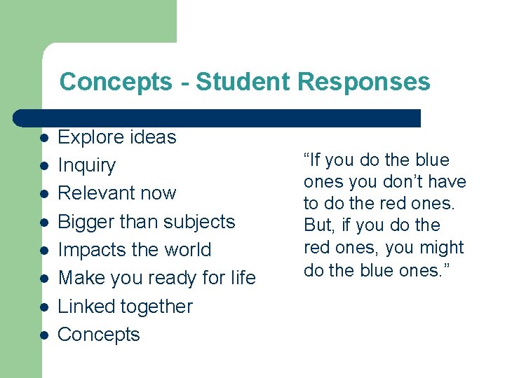 Concepts - Student Responses l l l l Explore ideas Inquiry Relevant now Bigger
