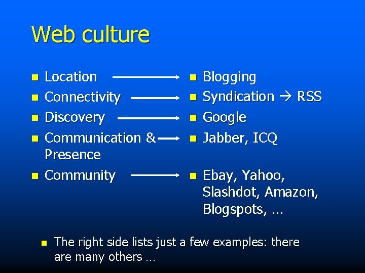 Web culture n n n Location Connectivity Discovery Communication & Presence Community n n