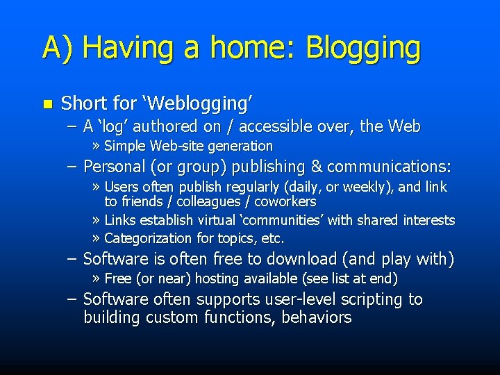 A) Having a home: Blogging n Short for ‘Weblogging’ – A ‘log’ authored on
