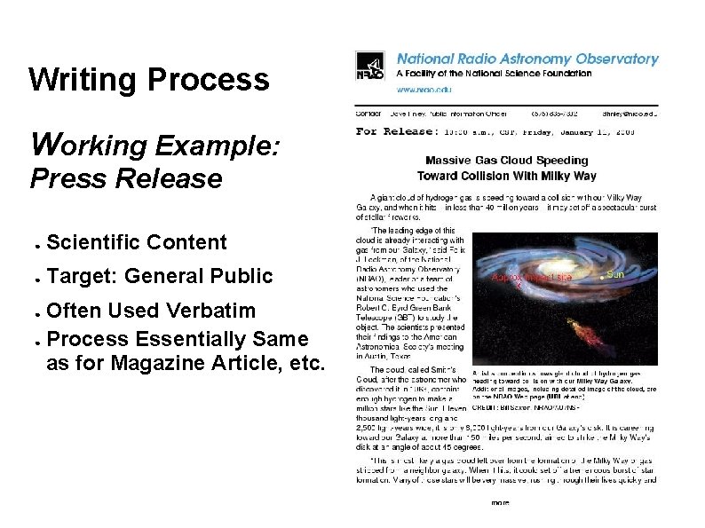 Writing Process Working Example: Press Release ● Scientific Content ● Target: General Public Often