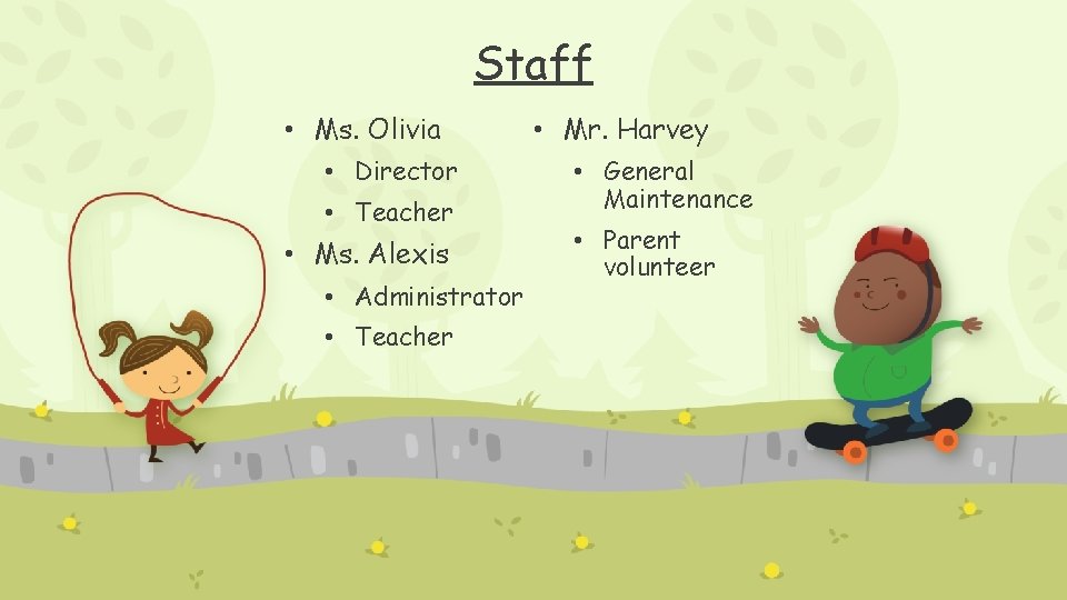 Staff • Ms. Olivia • Director • Teacher • Ms. Alexis • Administrator •