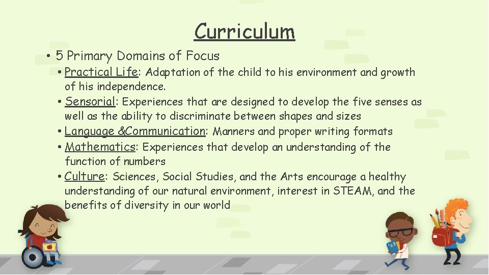 Curriculum • 5 Primary Domains of Focus • Practical Life: Adaptation of the child