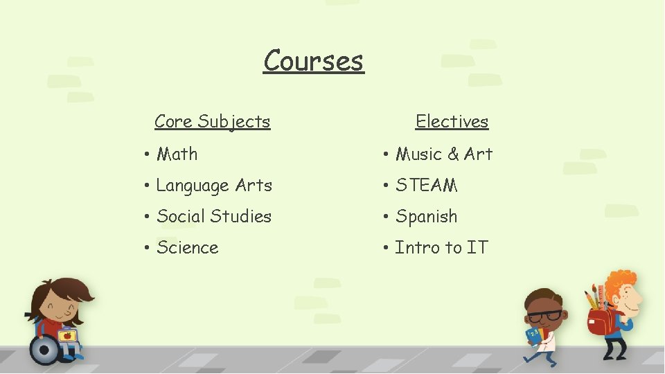 Courses Core Subjects Electives • Math • Music & Art • Language Arts •