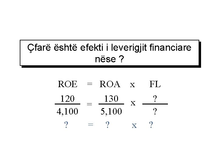 Çfarë është efekti i leverigjit financiare nëse ? ROE = ROA x 120 130