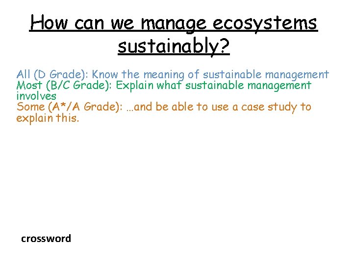 How can we manage ecosystems sustainably? All (D Grade): Know the meaning of sustainable