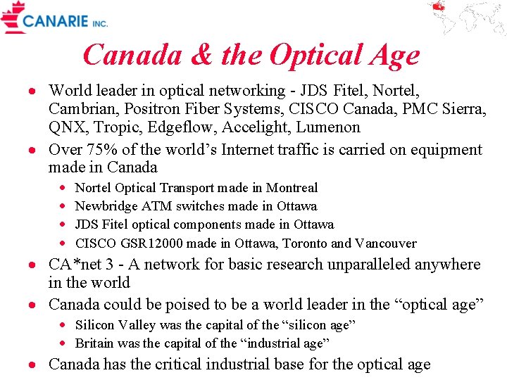 Canada & the Optical Age · World leader in optical networking - JDS Fitel,