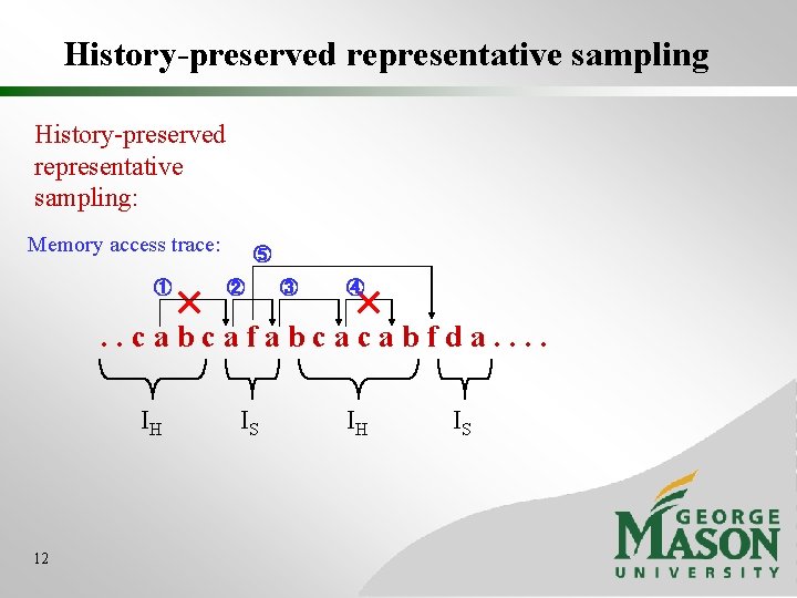 History-preserved representative sampling: Memory access trace: ① ⑤ ② ③ ④ . . cabcafabcacabfda.