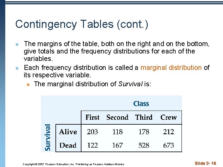 Contingency Tables (cont. ) n n The margins of the table, both on the