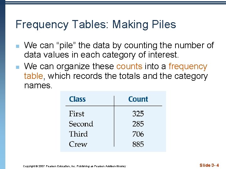 Frequency Tables: Making Piles n n We can “pile” the data by counting the