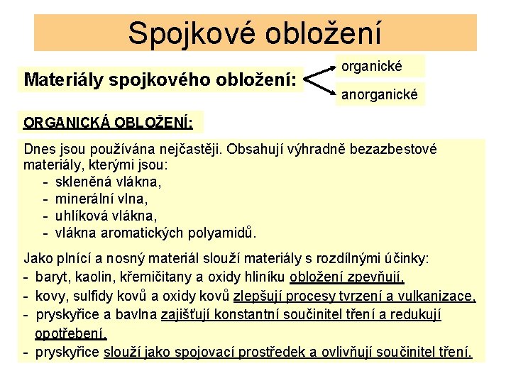 Spojkové obložení Materiály spojkového obložení: organické anorganické ORGANICKÁ OBLOŽENÍ: Dnes jsou používána nejčastěji. Obsahují