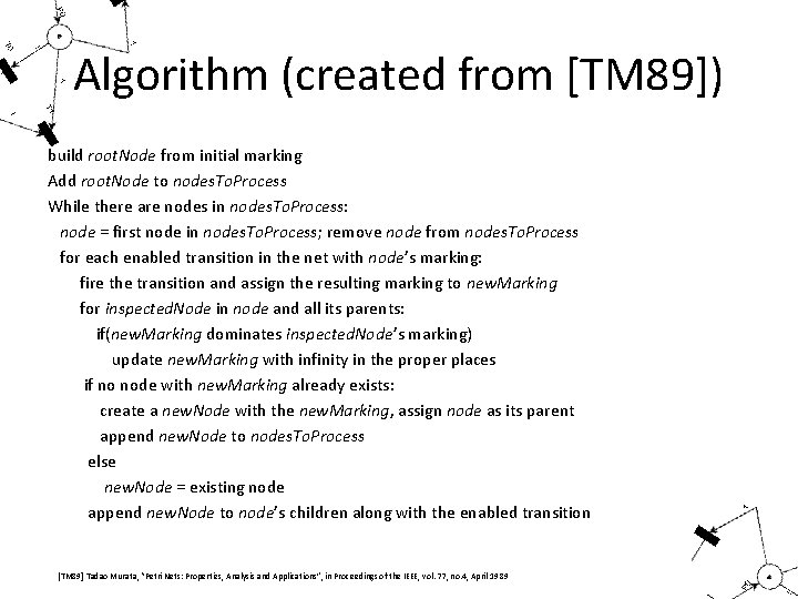 Algorithm (created from [TM 89]) build root. Node from initial marking Add root. Node