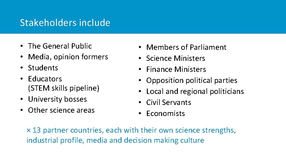 Stakeholders include The General Public Media, opinion formers Students Educators (STEM skills pipeline) •