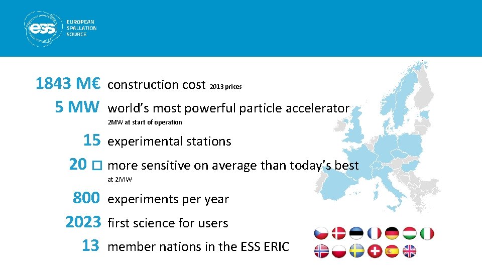 1843 M€ 5 MW construction cost 2013 prices world’s most powerful particle accelerator 2