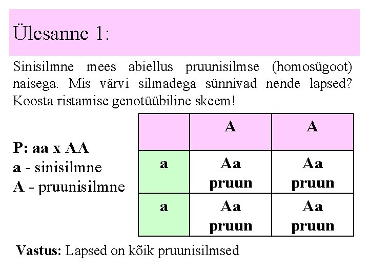 Ülesanne 1: Sinisilmne mees abiellus pruunisilmse (homosügoot) naisega. Mis värvi silmadega sünnivad nende lapsed?