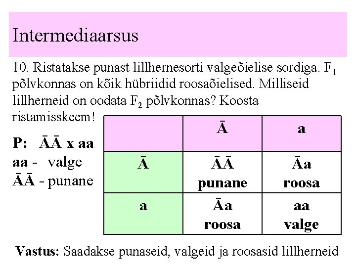 Intermediaarsus 10. Ristatakse punast lillhernesorti valgeõielise sordiga. F 1 põlvkonnas on kõik hübriidid roosaõielised.