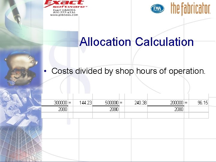 Allocation Calculation • Costs divided by shop hours of operation. 